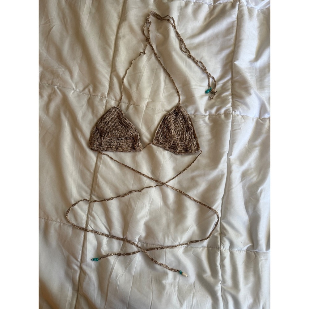 Indah Women's Tan Crochet Triangle Bikini Top Size L